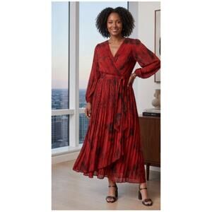 Calvin Klein Red Wrap Dress Size 14 NWT Long Sleeve V-Neck Belted Gown
